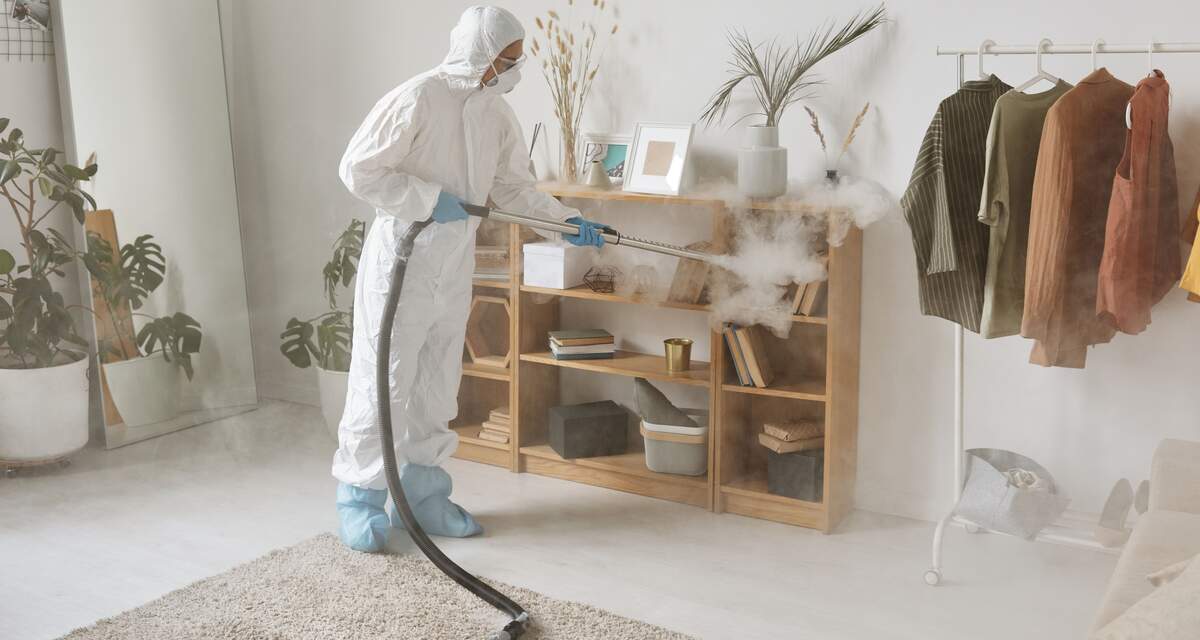 Pest control technician spraying along a kitchen baseboard during a home treatment