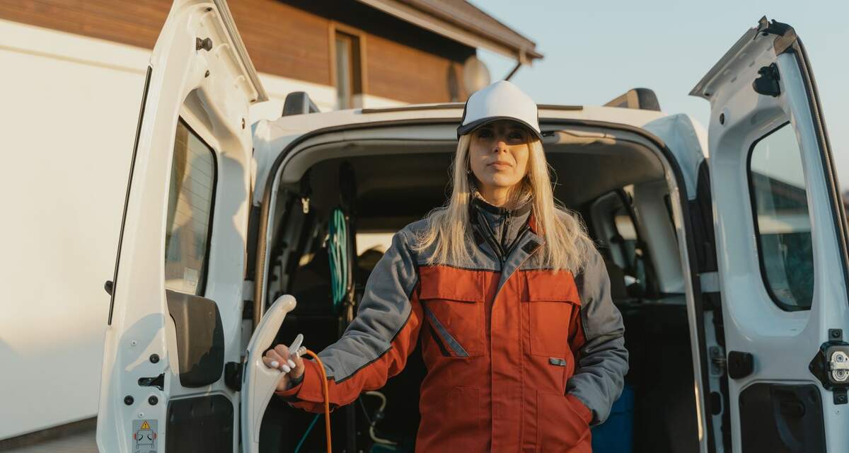 A uniformed service technician standing beside her service van outside a home
